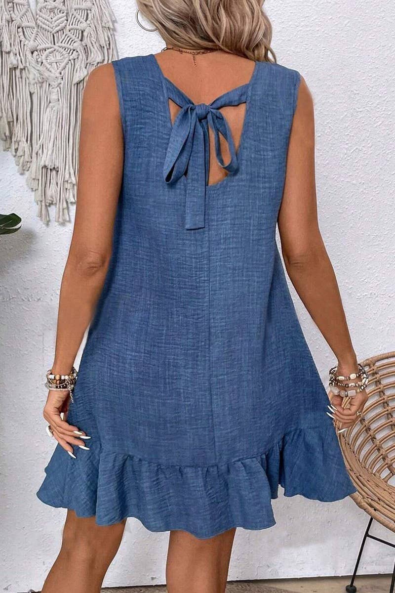 CWDSD7395_SOLID COLOR RUFFLE SLEEVELESS CASUAL TANK DRESS