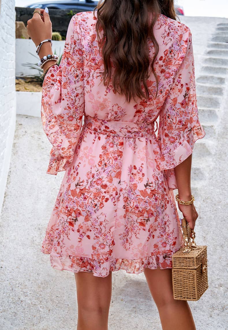 Vacation Floral Tie Waist Chiffon Short Dress