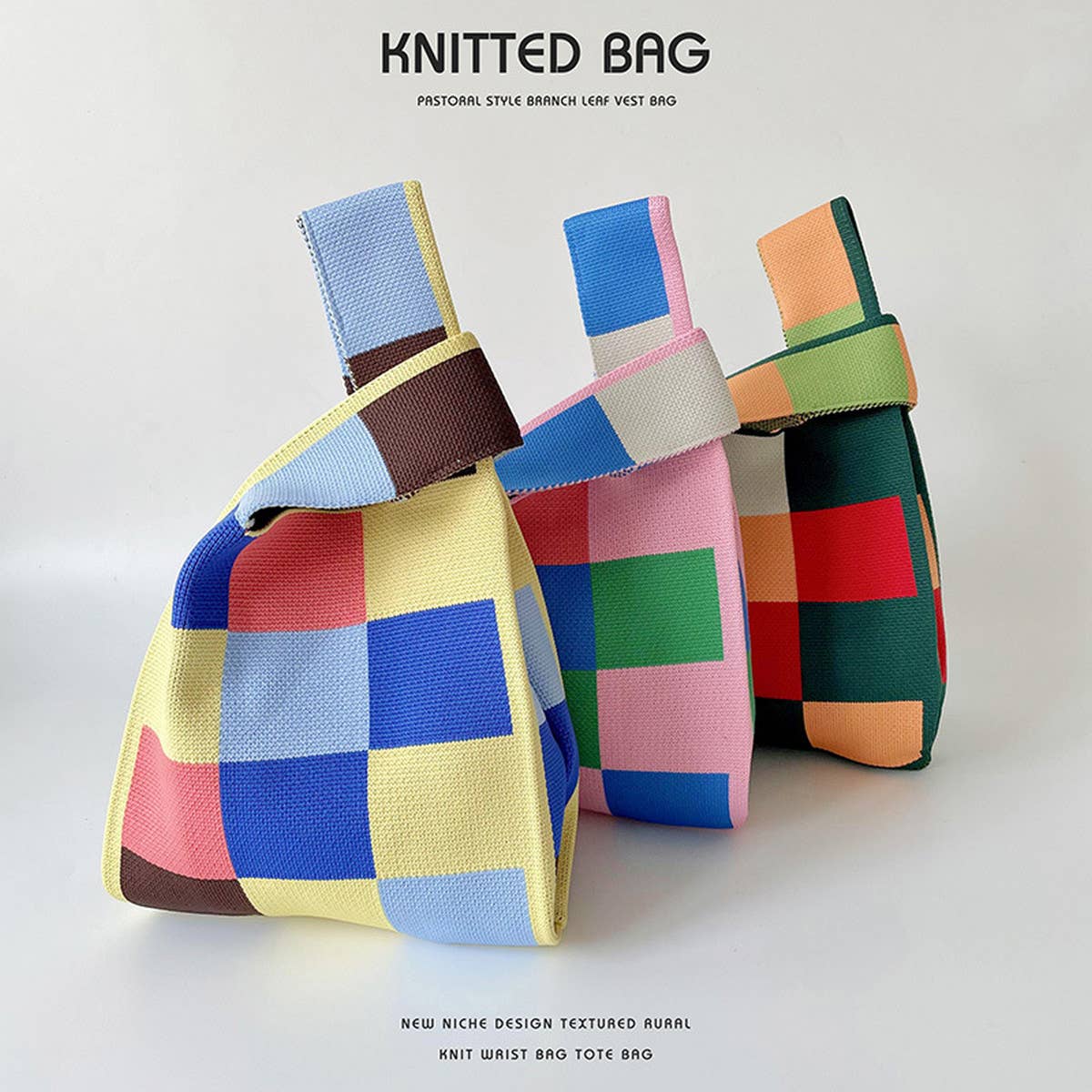 PINK AND GREEN CHECKERBOARD KNIT TOTE BAG_CWAB2394