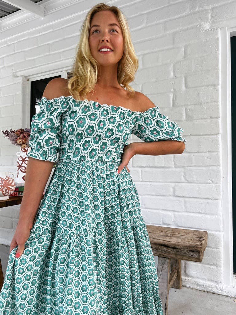 Print puffed sleeves large swing long waist dress