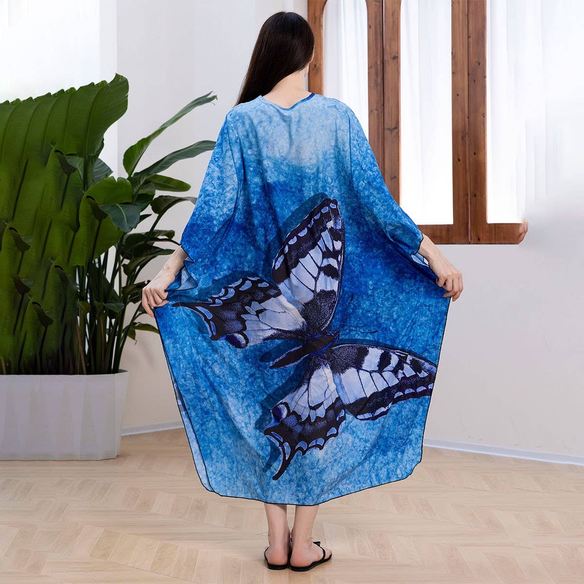 Plus Size Butterfly Print Beach Cover-Up Dress_CWMM6199