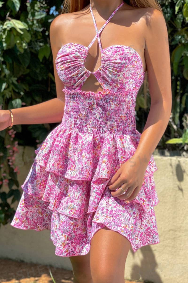 PRINTED CROSS HALTER WAIST SEXY SHORT DRESS