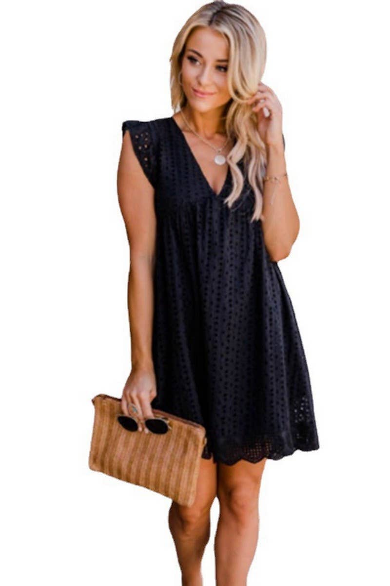 CWDSD8255_LACE JACQUARD HOLLOW V-NECK DRESS