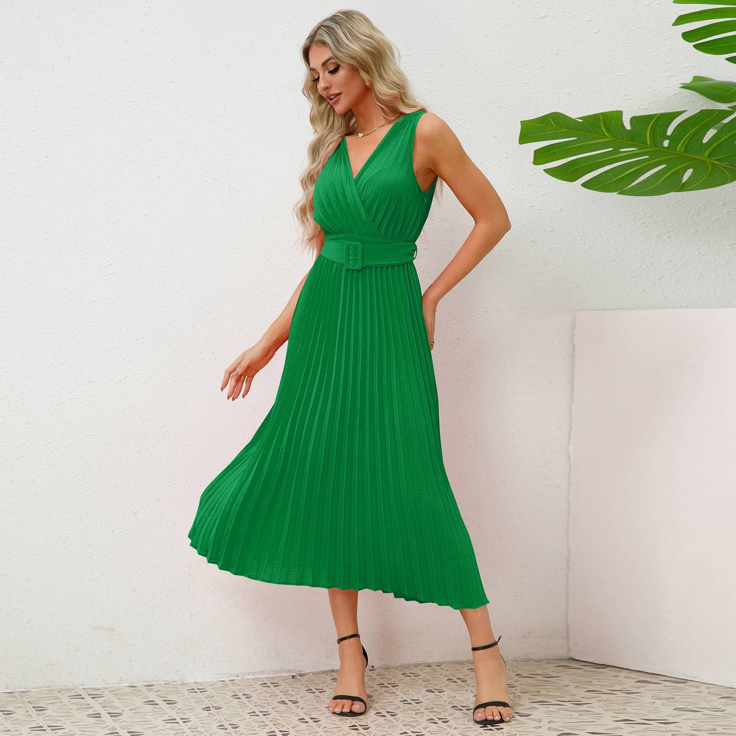 V-Neck Pleated Belted Bodycon Midi Dress