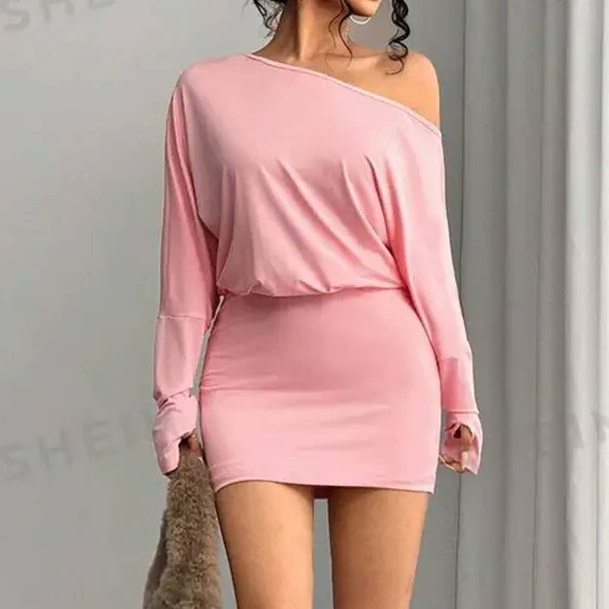 SLIM-FIT DRESS WITH SLOPING NECK AND LONG SLEEVES