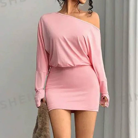 SLIM-FIT DRESS WITH SLOPING NECK AND LONG SLEEVES