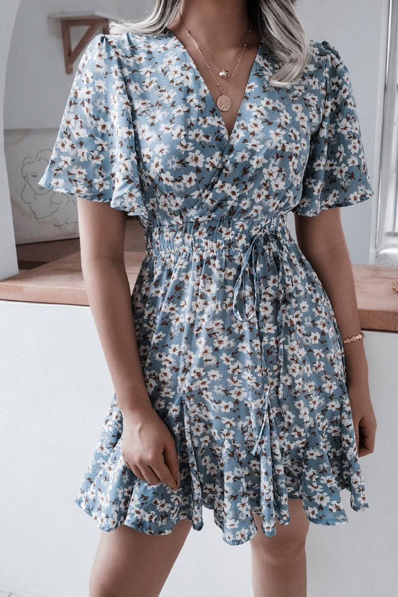 SHORT SLEEVE V NECK FLORAL RUFFLE DRESS_CWDSD2501