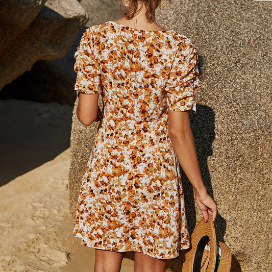 Mid-sleeved, high-waisted A-line dress_CWDSD3397