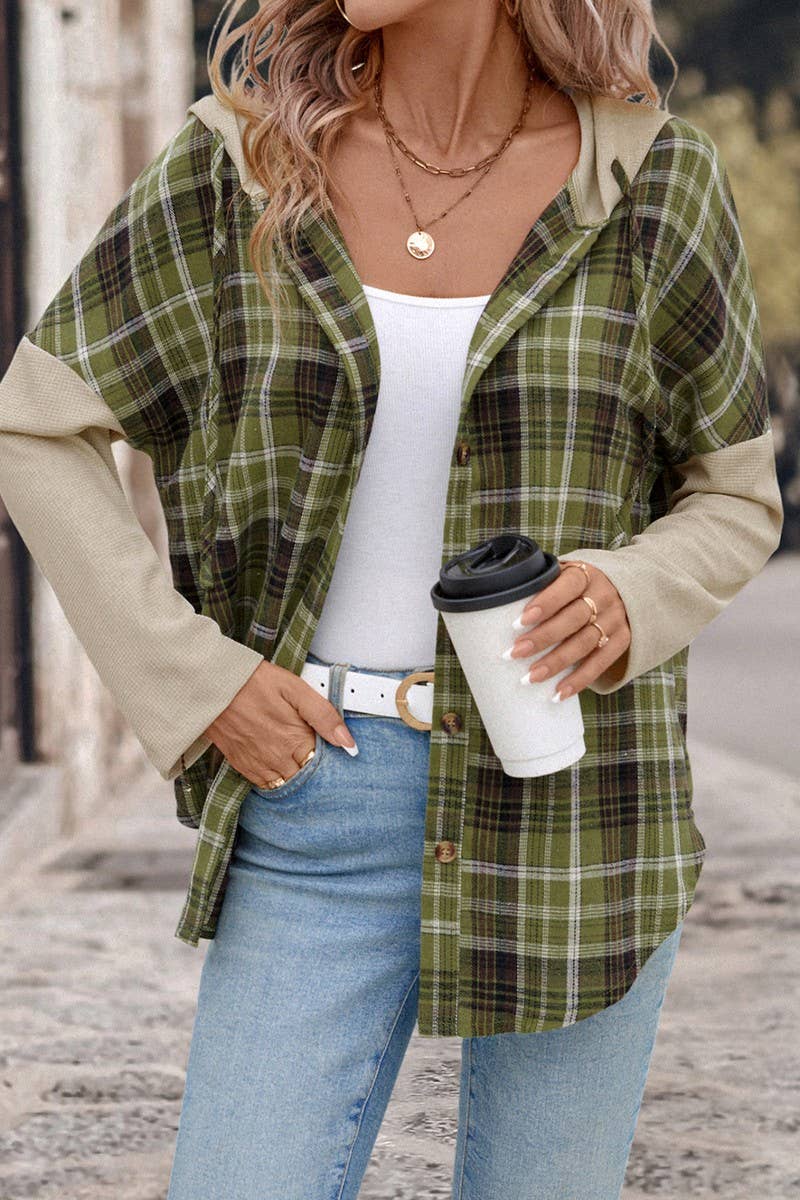 CWOHOL1105_CASUAL PLAID LONG SLEEVE HOODED PANEL SHIRT