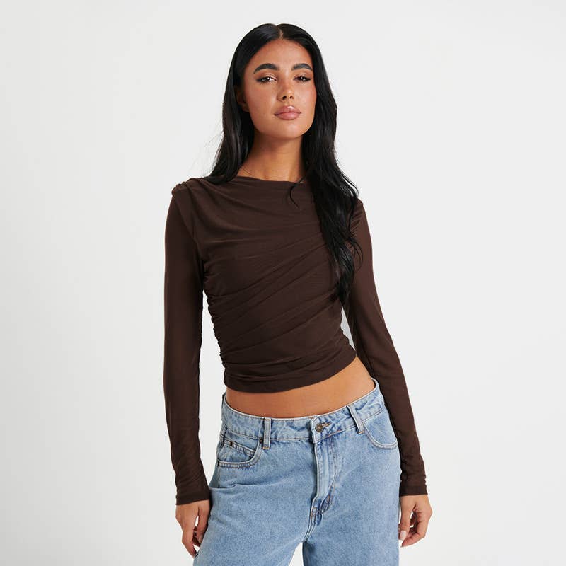 ROUND NECK SOLID COLOR MESH PLEATED CROP TOP
