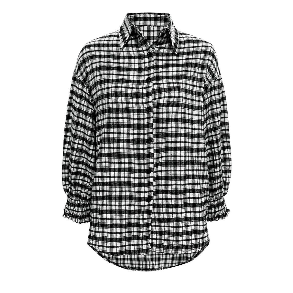 Temperament loose puffed sleeve plaid shirt