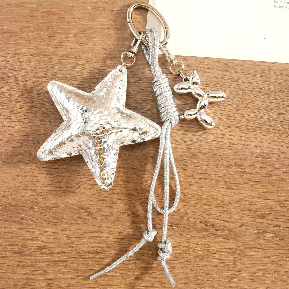 Stylish Silver Star & Balloon Dog Bag Keychain_CWMM7638