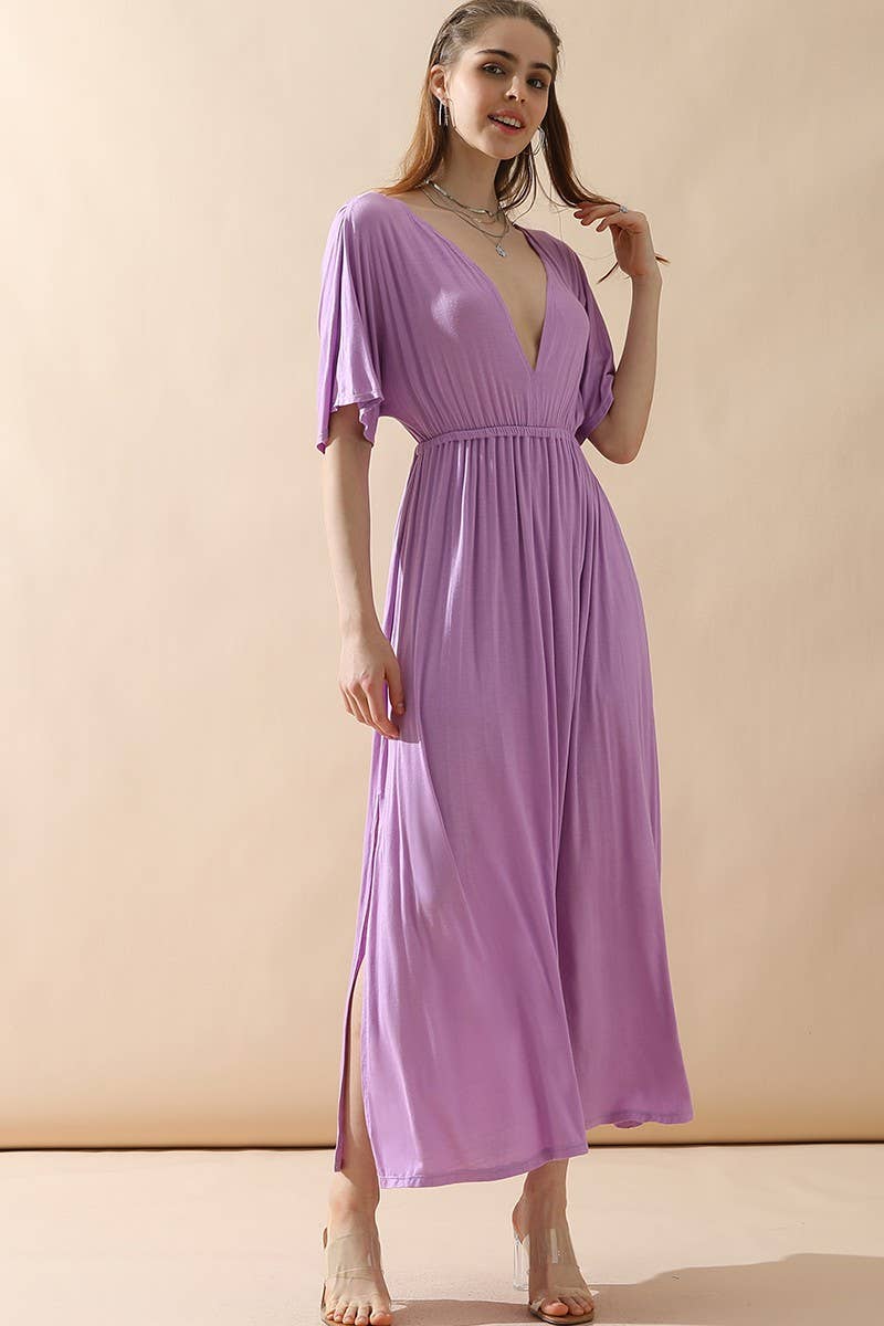 CWDMD825_V NECK BACK BOW TIE EMPIRE MAXI DRESS