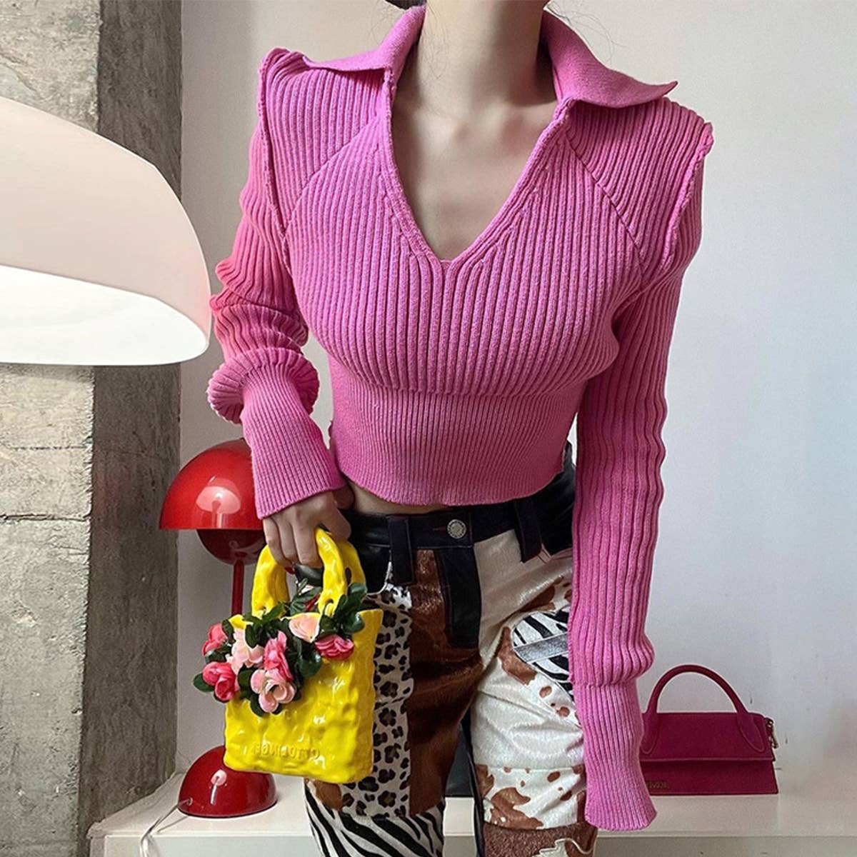 LONG SLEEVE LAPEL SOLID COLOR SLIM CROP KNIT TOP