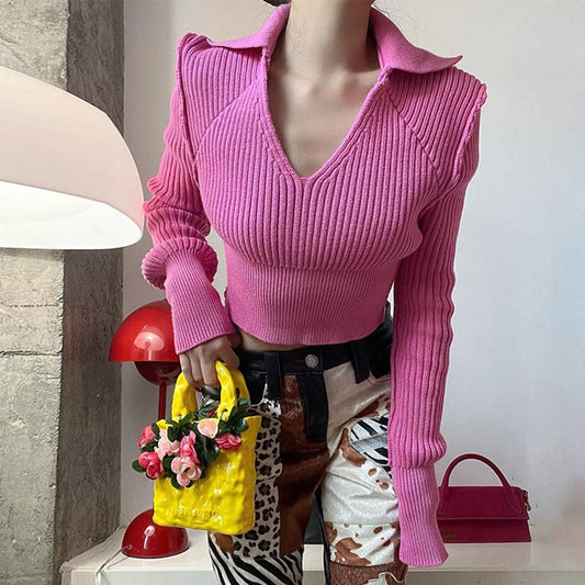 LONG SLEEVE LAPEL SOLID COLOR SLIM CROP KNIT TOP