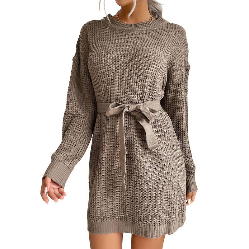 Solid color long sleeve sweater dress with lace-up