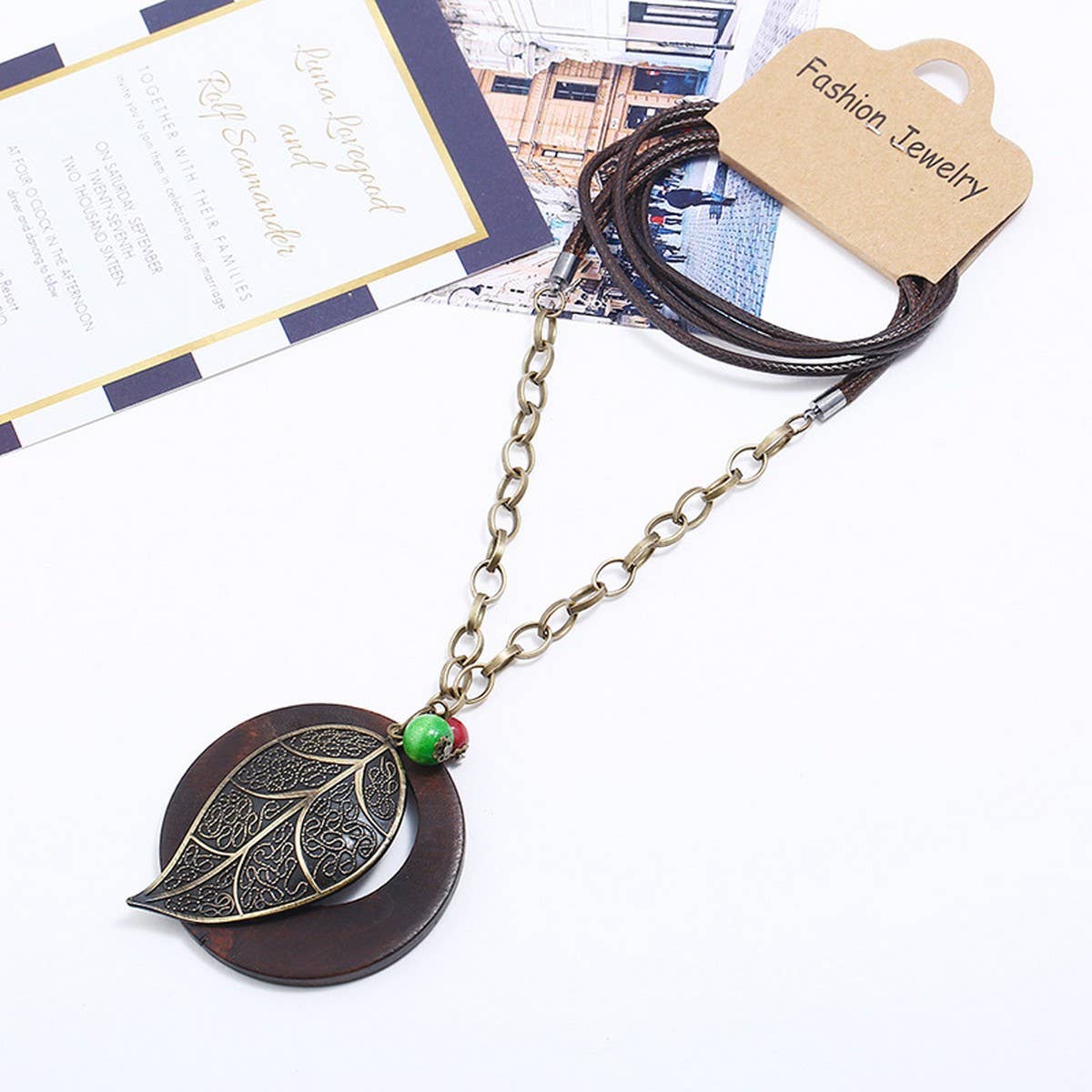 WAX WIRE ALLOY LARGE LEAF LONG NECKLACE