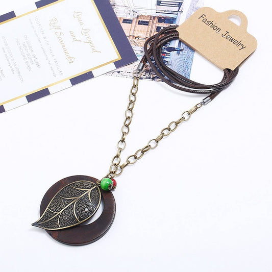 WAX WIRE ALLOY LARGE LEAF LONG NECKLACE