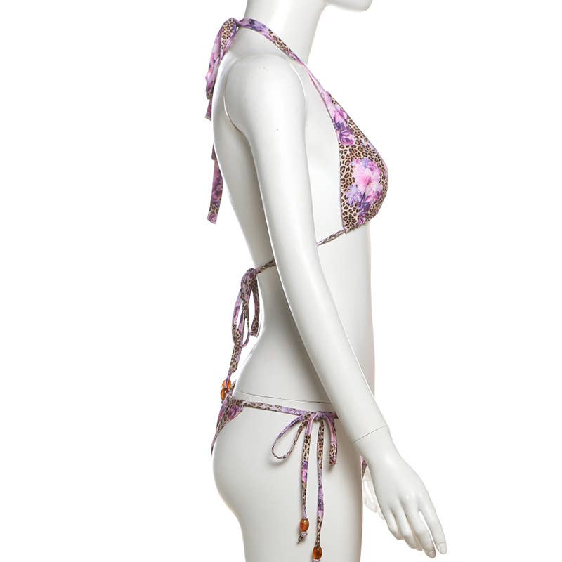 Leopard Floral Halter Tie Bikini Set