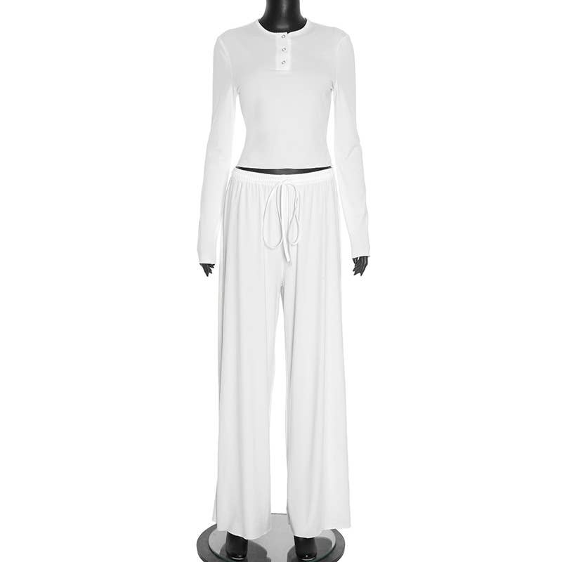 Round-neck solid crop top wide-leg pants set