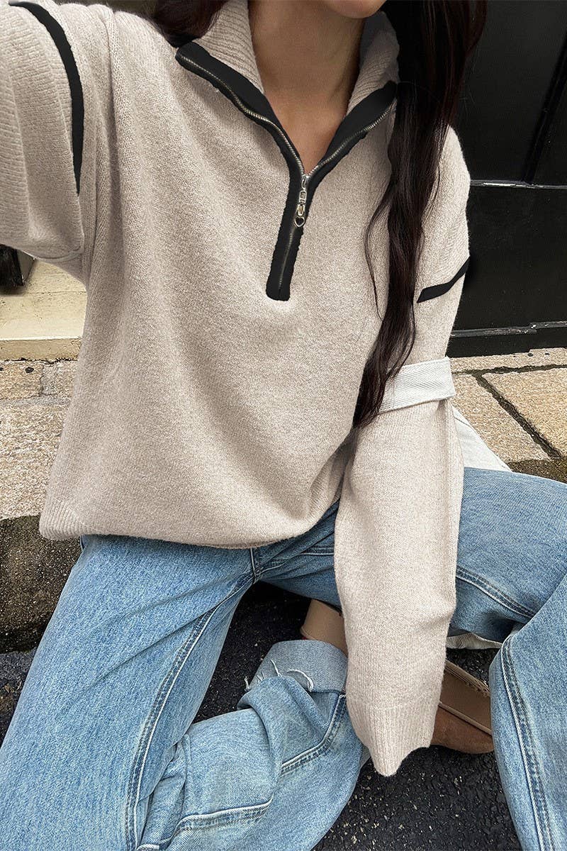 CWOSWL07487_CASUAL SIMPLE SOLID LONG SLEEVE ZIP SWEATER