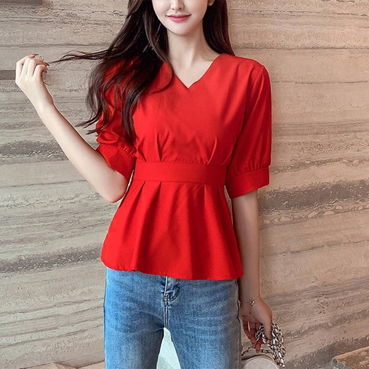 Slim short-sleeved T-shirt with tight waist V-neck