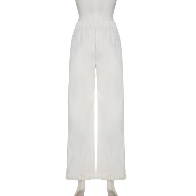 Fringed straight-leg stretched-waist woven pants