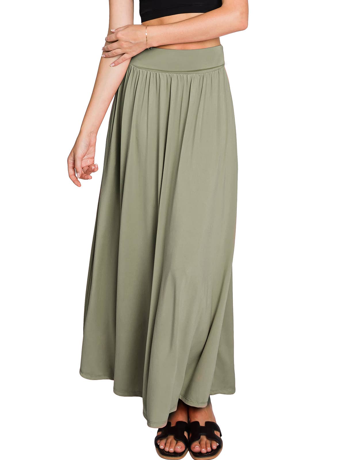 AWBLS089_High Waist Elastic Closure Gather Maxi Skirt