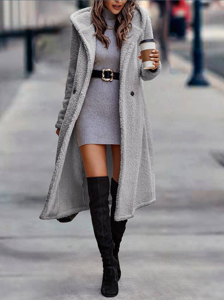 SOLID COLOR LONG-SLEEVED PLUSH HOODED JACKET