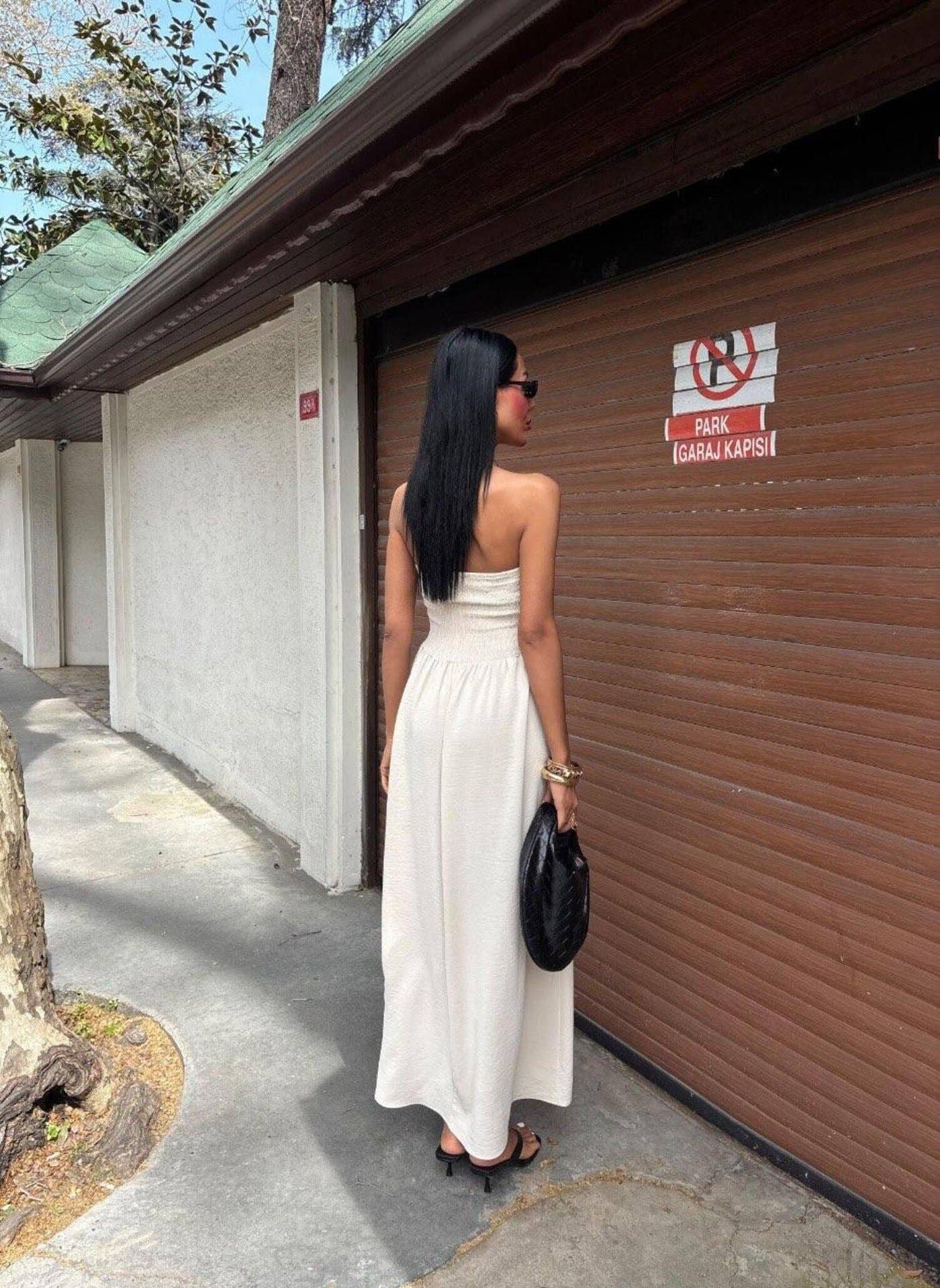 Solid-color strapless waist-cinching long dress