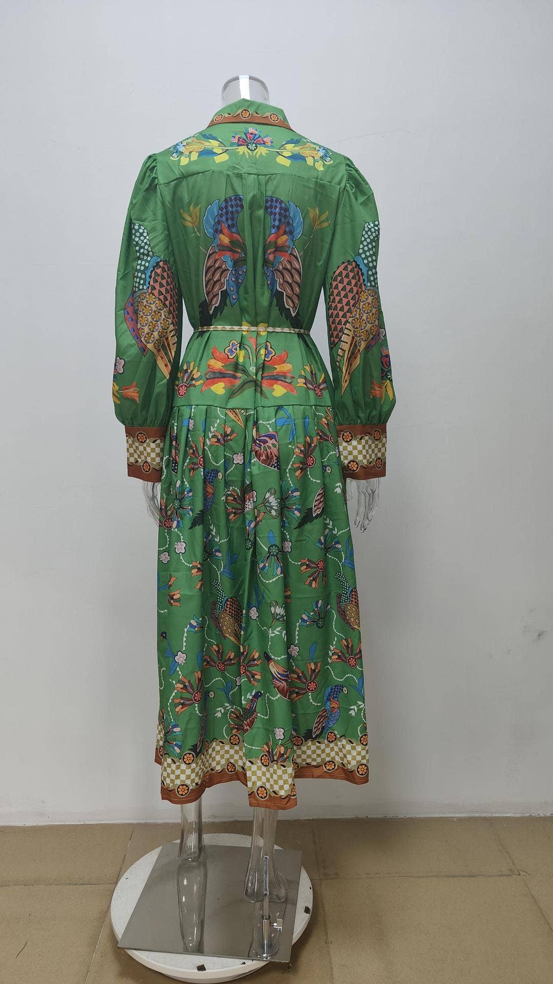 LANTERN SLEEVE PRINTED LAPEL LONG-SLEEVED DRESS