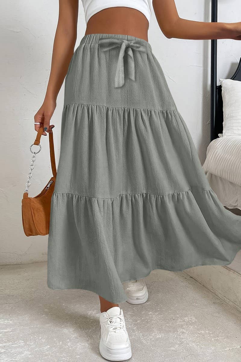 CWBLS0559_BOW WAIST TIERED SOLID MIDI SKIRT