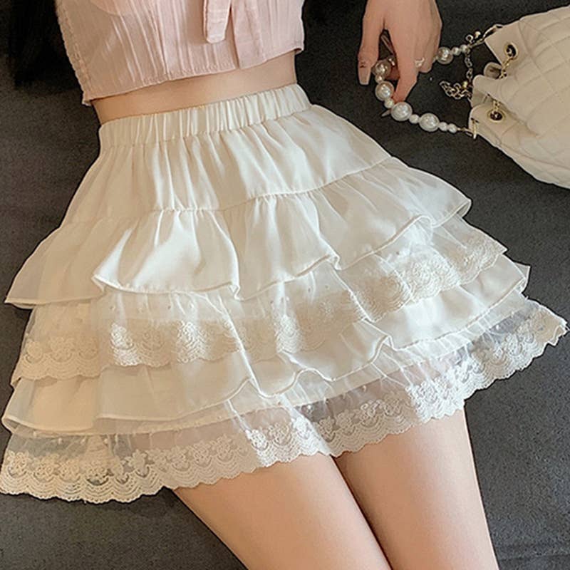 Multi-layer elastic-waist lace-trimmed cake dress