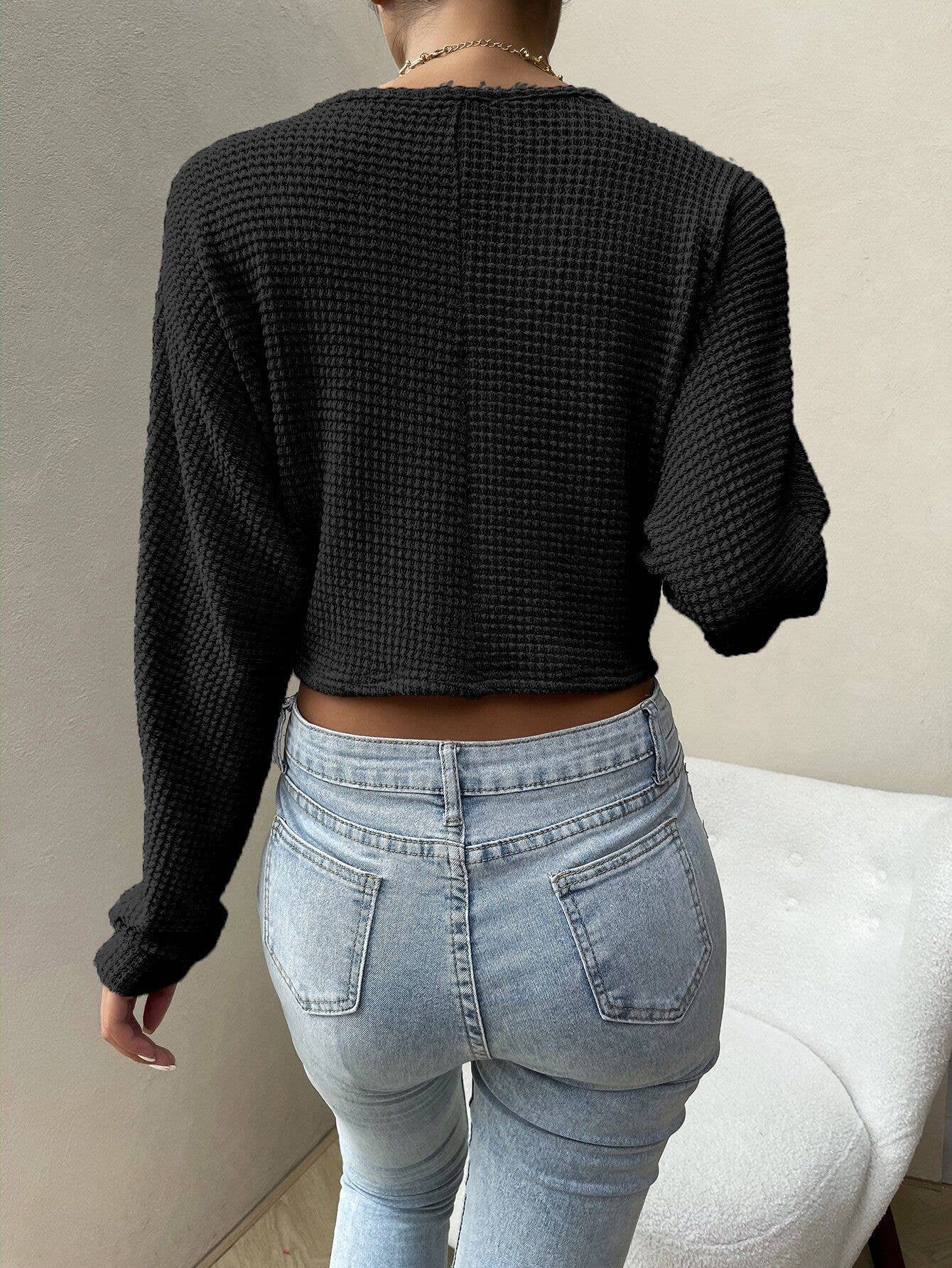 DRAWSTRING BIG V-NECK MIDRIFF INDIVIDUAL KNITWEAR