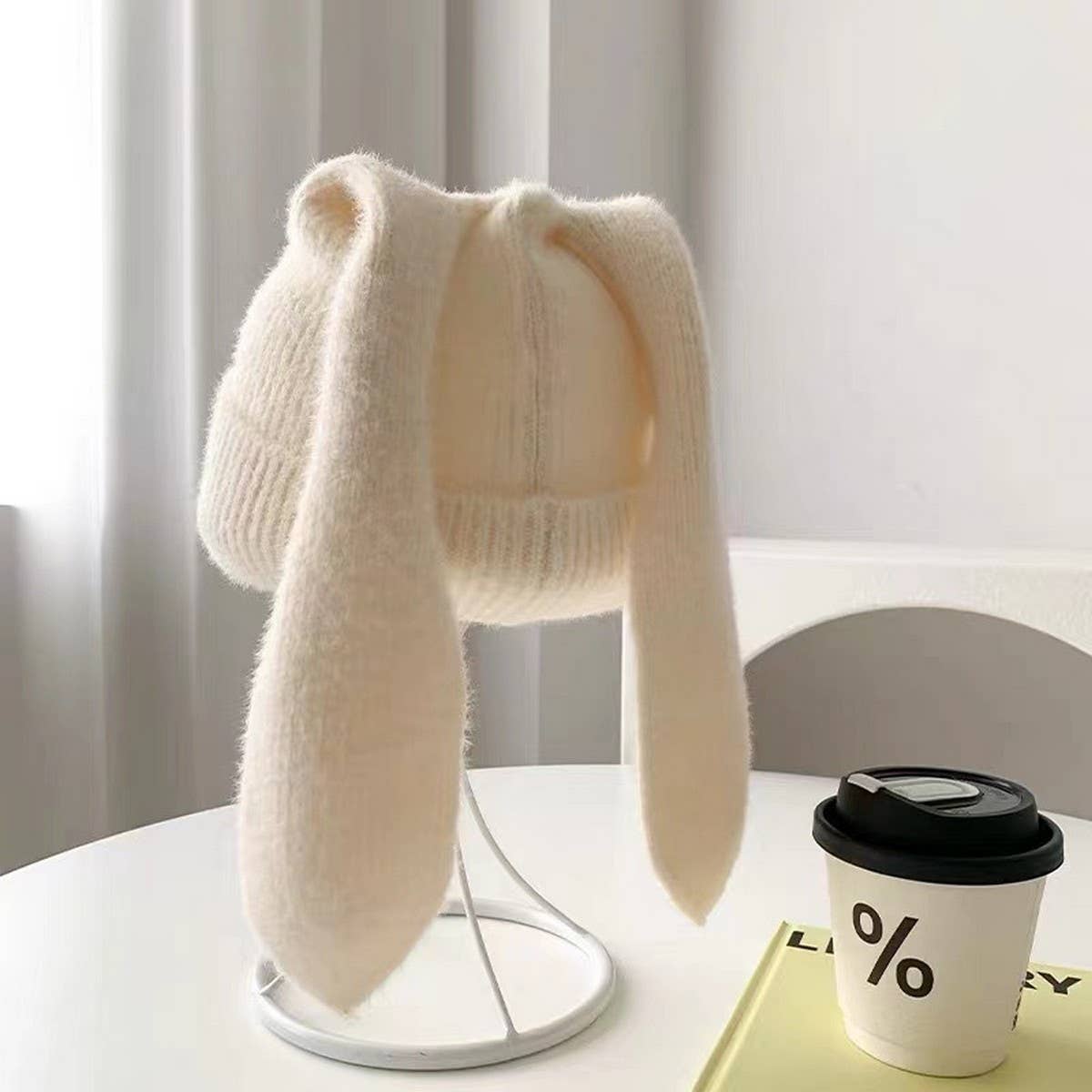 CWAH2212_SOLID COLOR LONG EAR RABBIT KNITTED WOOL HAT