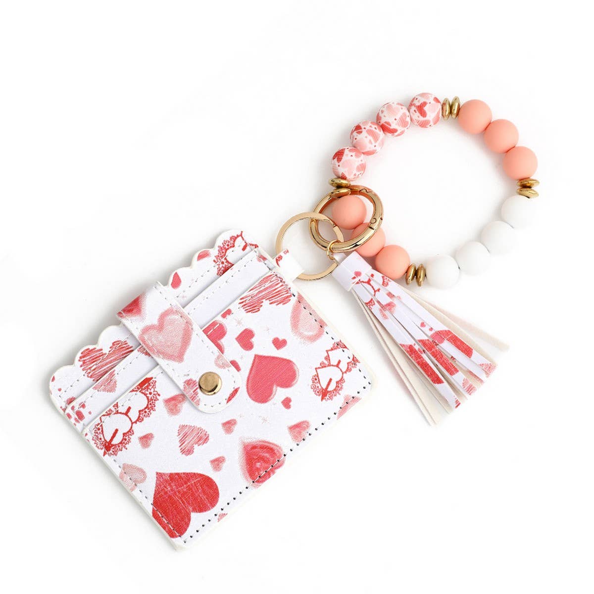 Heart PU Card Wallet with Beaded Keychain_CWAB4944