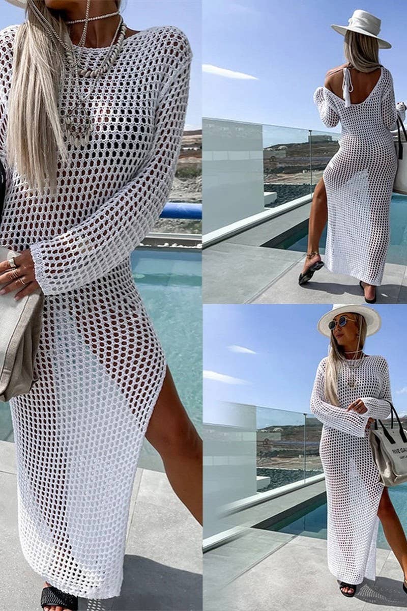 CWDMD4286_KNITTED HOLLOW BEACH BIKINI COVER-UP DRESS