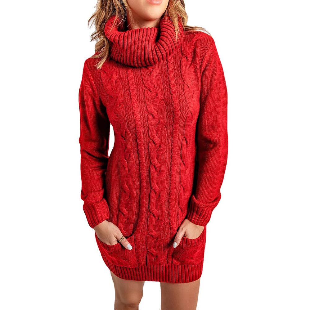 TURTLENECK SOLID COLOR CREW-NECK SWEATER DRESS