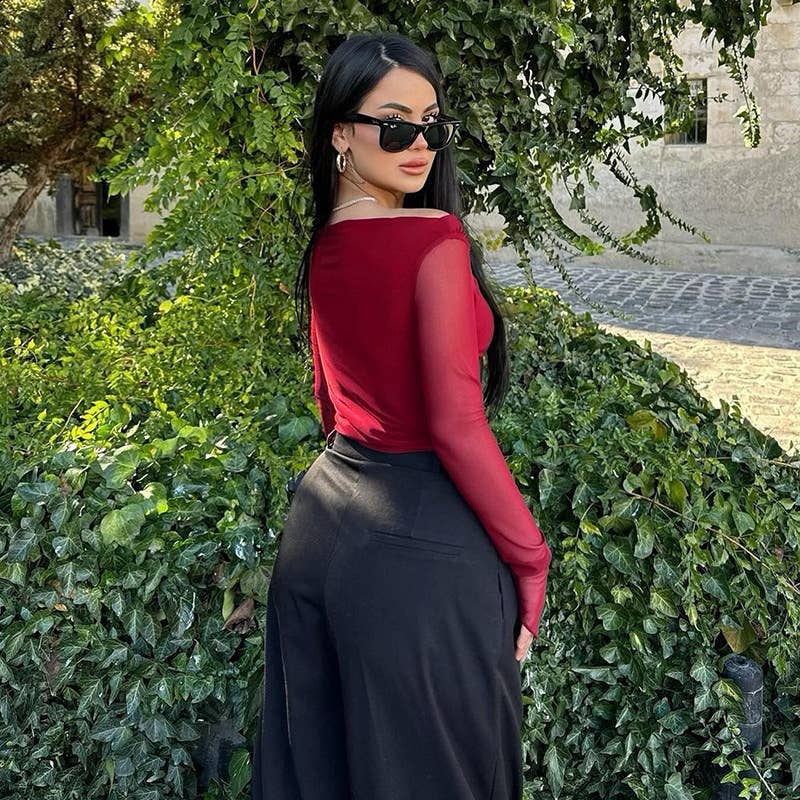 ELEGANT SLIM SLANT SHOULDER MESH SLEEVE TOP