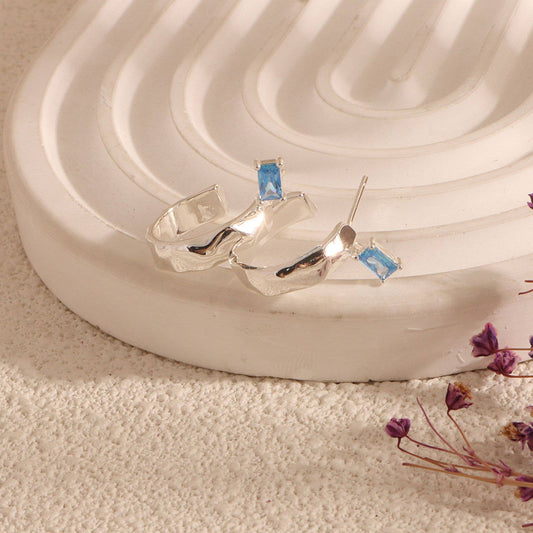 Simple elegant blue zircon silver stud earrings