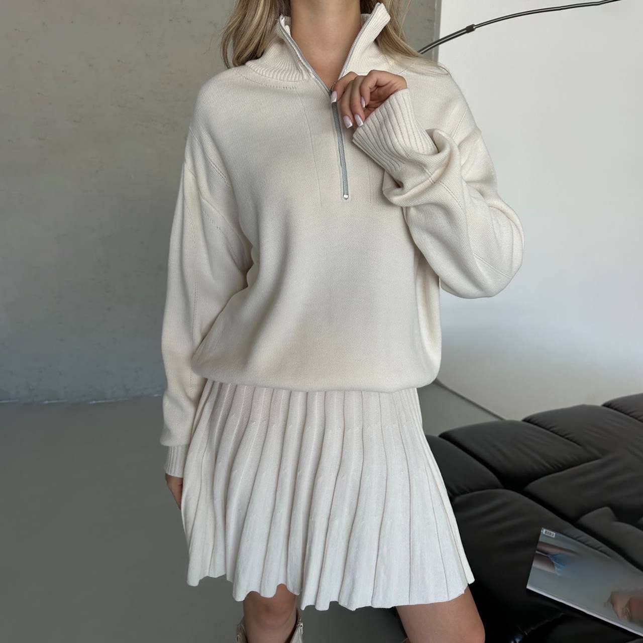 Two-piece knitted sweater and short skirt set