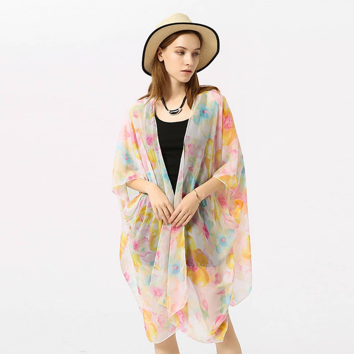 MULTICOLOR FLORAL PRINT OPEN FRONT KIMONO CARDIGAN