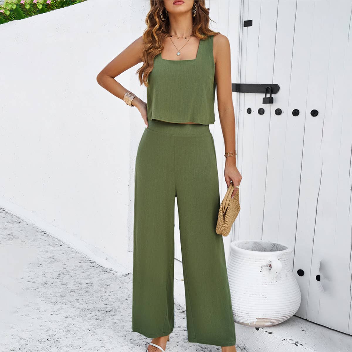SOLID SLEEVELESS VEST AND PANTS SUIT_CWSTB0514