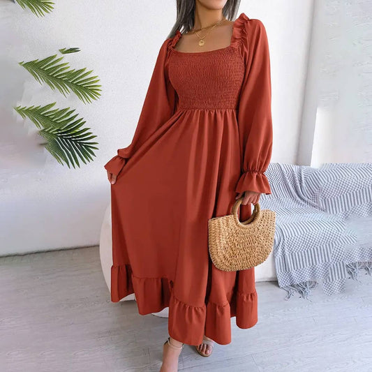 SQUARE NECK LARGE SWING FLOUNCES LONG DRESS_CWDMD1165