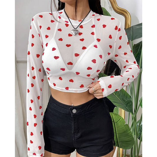 CUTE HEART PRINT MESH ROUND NECK LONG SLEEVE TOP