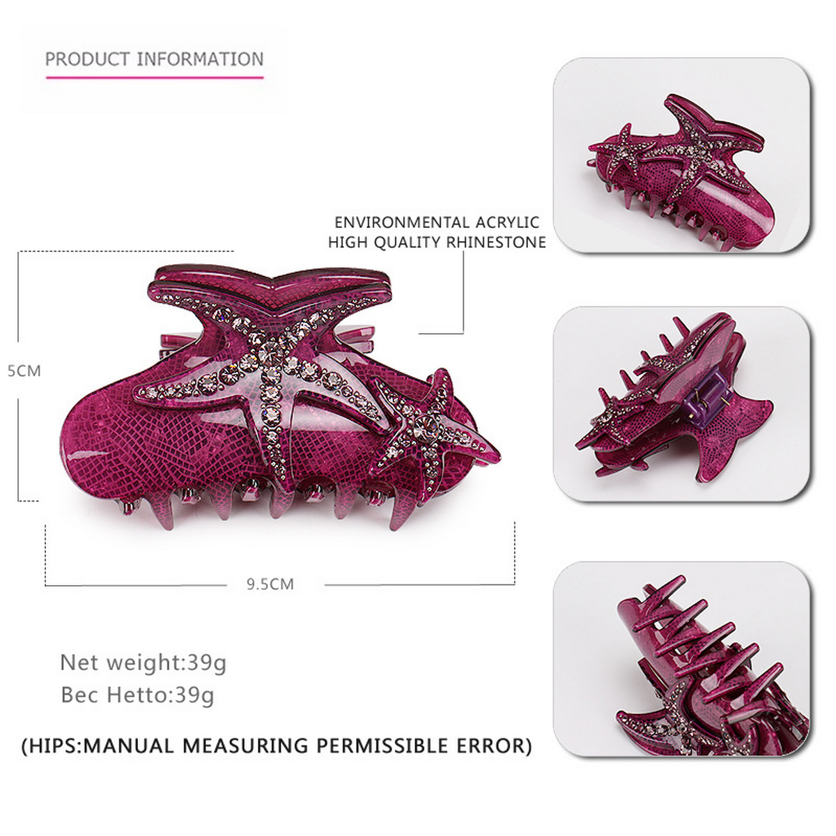 Blue Starfish Hair Claw??œCrystal Acrylic Shark Clip_CWAHA4418