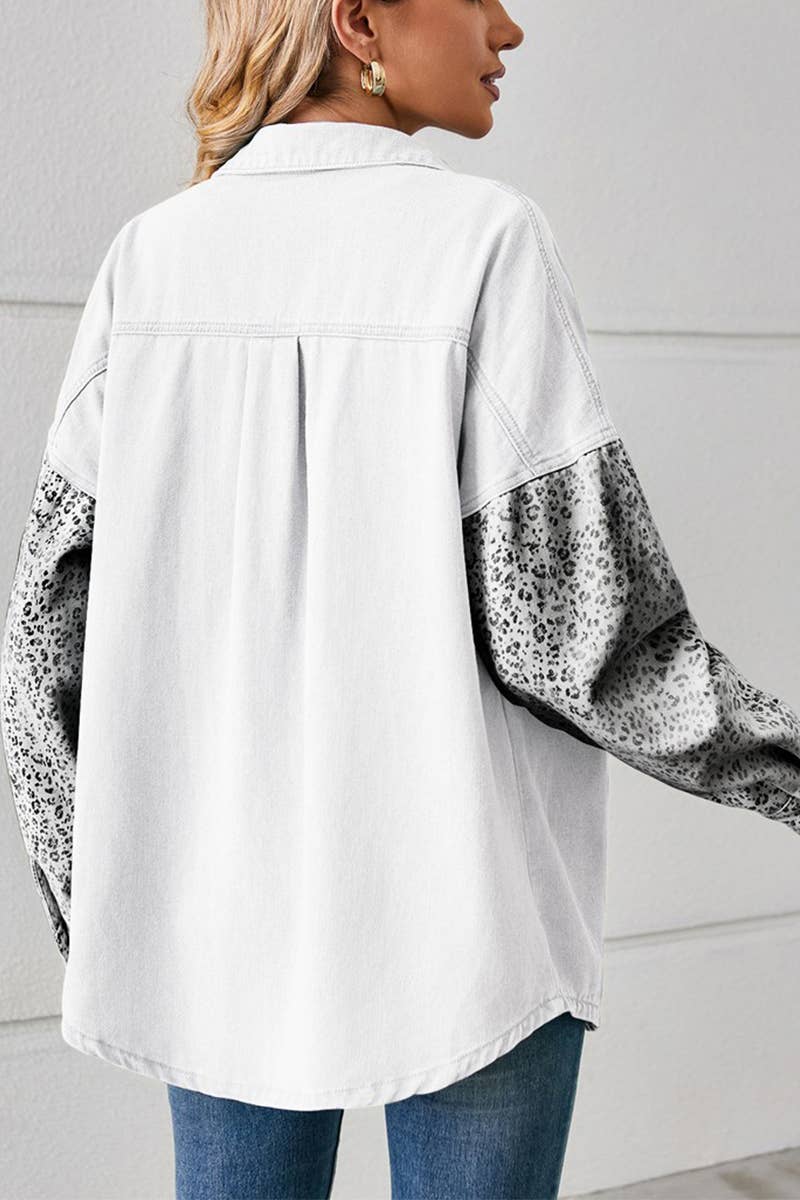 LEOPARD LONG SLEEVE PATCHWORK DENIM SHIRT CARDIGAN_CWJT0020