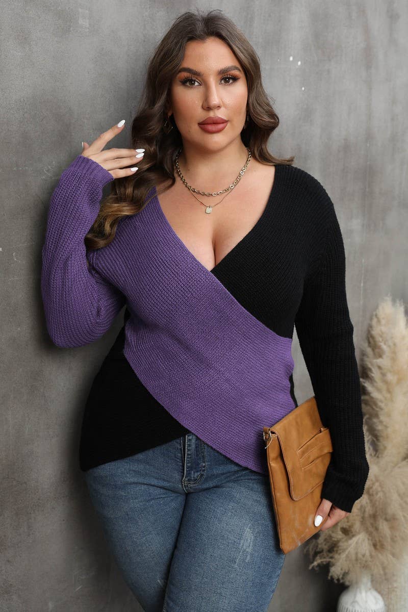 CWOSWL1569_PLUS Size V-Neck Long Sleeve Pullover Sweater