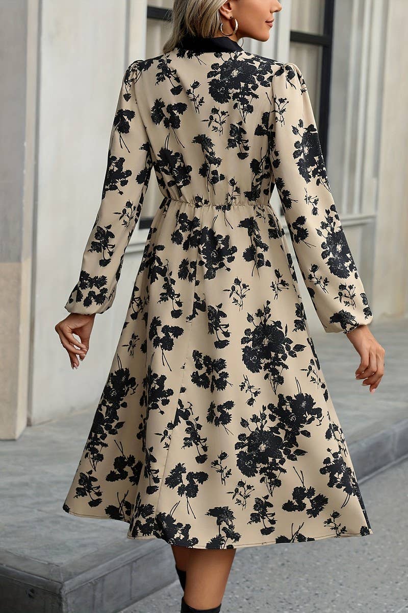 CWDMD5358_FLORAL LONG SLEEVE TIE NECK A-LINE MIDI DRESS