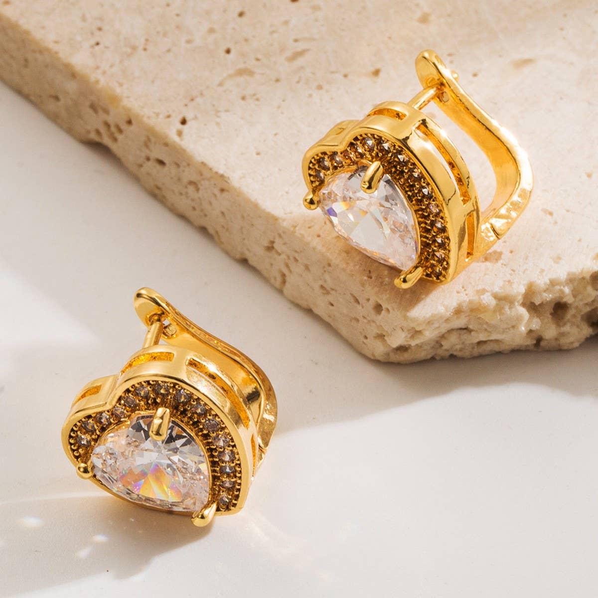 Heart Geometric CZ Stud Earrings Gold-Plated Brass